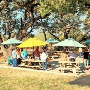 A picture of St. Nick's outdoor worship service, out on the patio with wooden picnic tables and colorful umbrellas put up, between trees that also shade the patio.